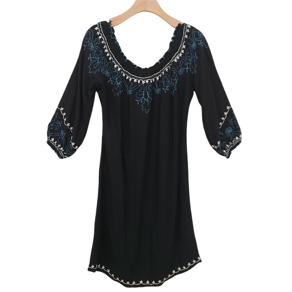 Lucky Brand Shift Dress Womens Small Black 3/4 Sleeve Embroidered Bohemian Lucky Brand Shift Dress Womens Small Black 3/4 Sleeve Embroidered Bohemian