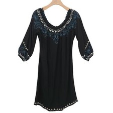 Lucky Brand Shift Dress Womens Small Black  3/4 Sleeve Embroidered Bohemian