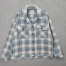 Boston Traders Women Jacket Large Blue Plaid Flannel Shacket Wool Blend Collar