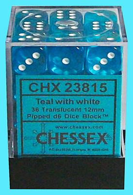 CHESSEX 36 die set TRANSLUCENT TEAL with WHITE NEW d6 12mm dice block mtg rpg