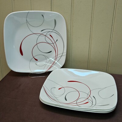 4 Corelle Coordinates Red & Gray Swirl Splendor 9  Square Salad Luncheon Plates