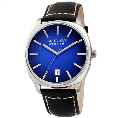 Men's August Steiner AS8245BUBK Quartz Black Blue Stiched Leather Strap Watch