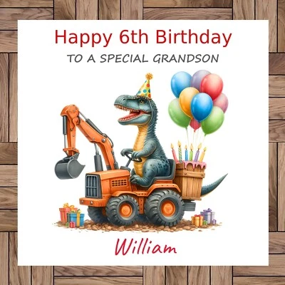 GB GIFT DESIGNS Personalised Dinosaur Birthday Card, Digger, Any Age, Any Relative & Name