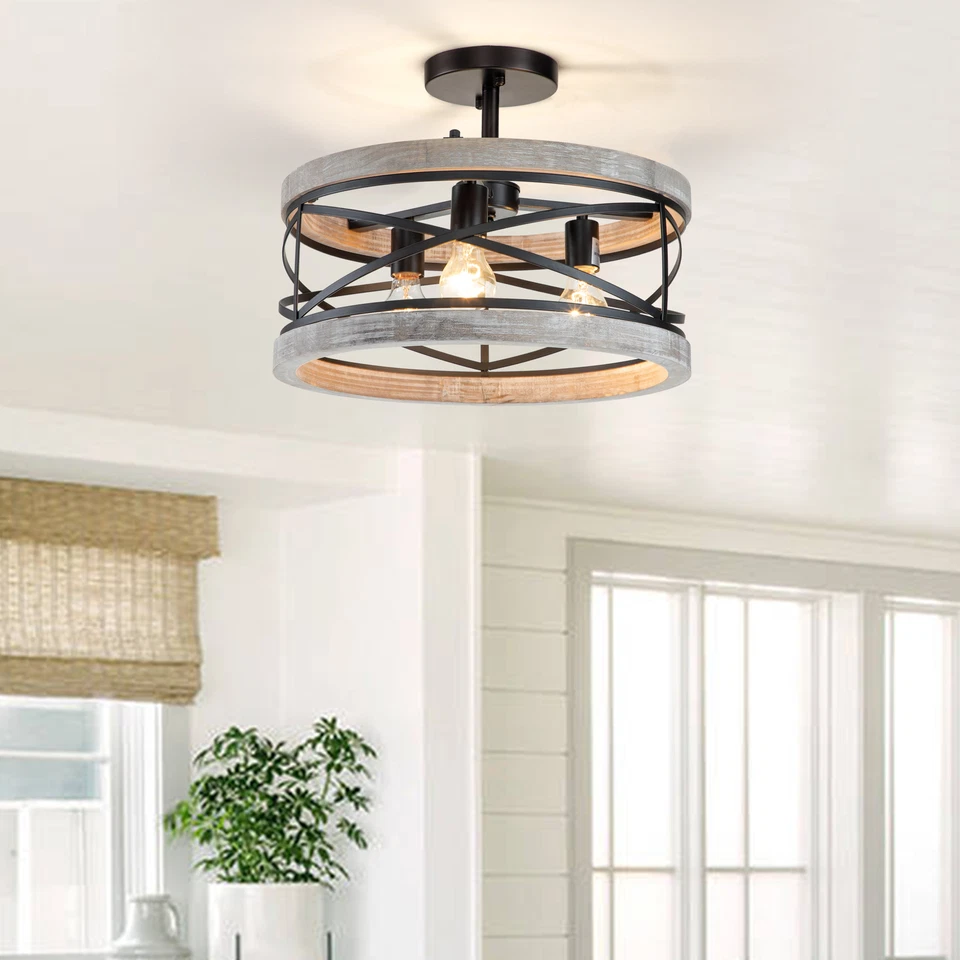 17.25 in. 3-Light Black Semi-Flush Mount with Wood Accent - Image 4 of 4