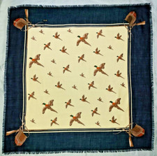 Vtg navy blue  yellow woven wool scarf, pheasant hunting pattern - Japan