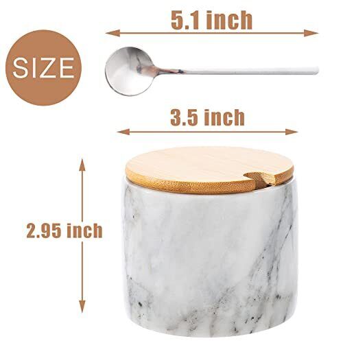 Marble Sugar Bowl with Lid & Spoon, Sugar Container light white grey - Picture 2 of 7