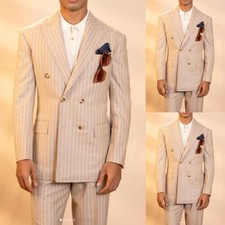 Double Breasted Men's Suits 2Pcs Beige Striped Coat Business Peak Lapel Jacket