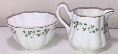 VTG Royal Tara Fine Bone China Shamrock Clover Creamer Pitcher & Bowl Ireland