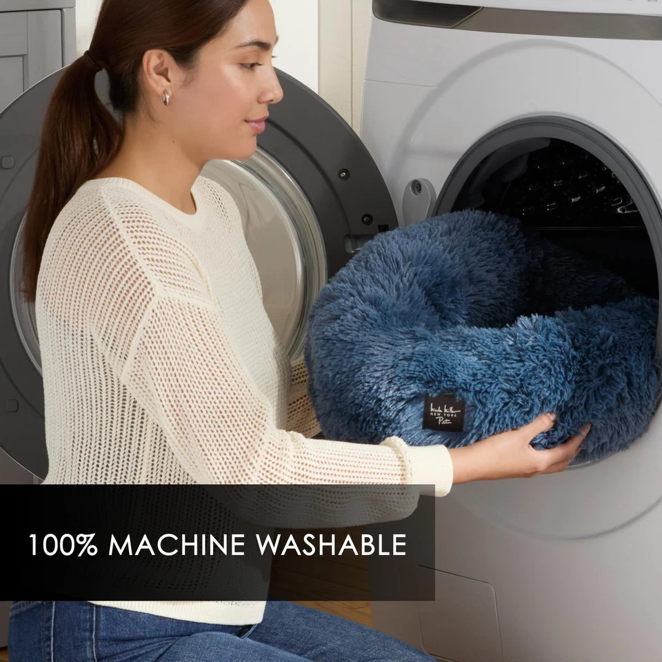 Cama para mascotas Donut de felpa azul XS 19x19x7 acogedora calmante redonda lavable parte inferior antideslizante Foto 4 de 4