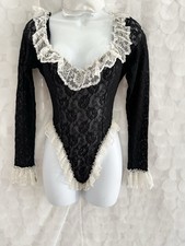 Vintage 90s black lace thong bodysuit plunging neckline lace cuffs French maid