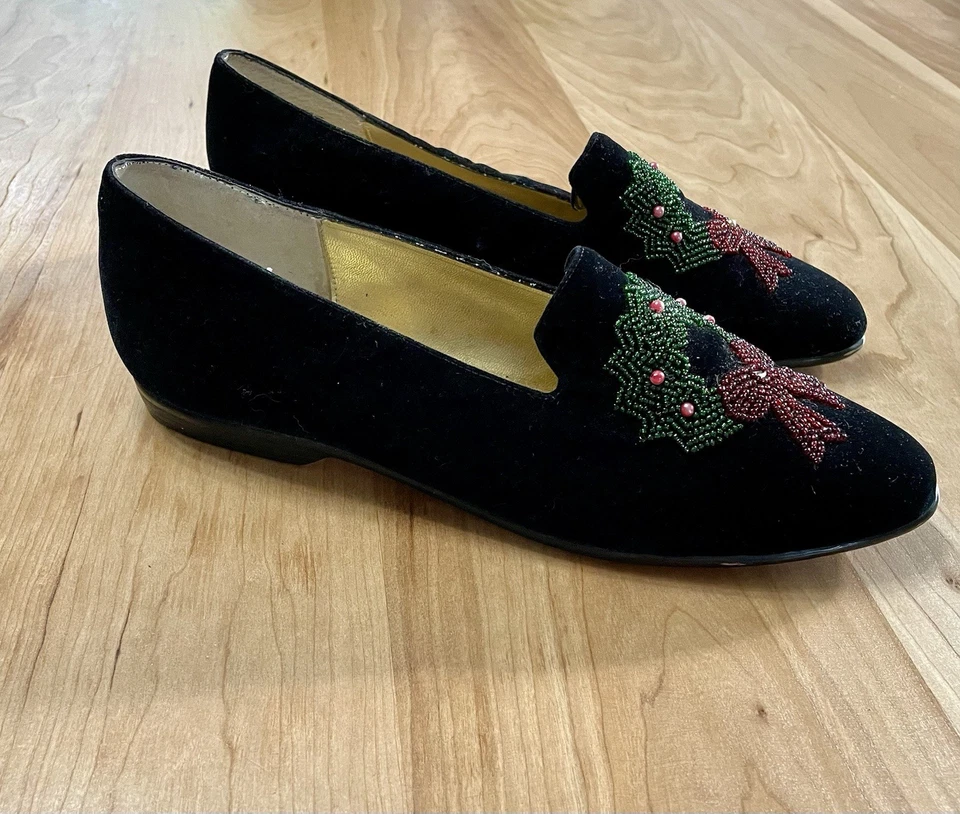 Karen Scott Black Velvet Flats With Beaded Wreath Christmas Holiday Decoration - Image 2 of 3