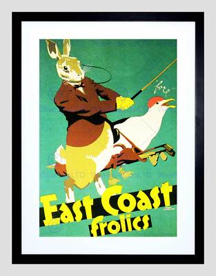 TRAVEL EAST COAST FROLIC ENGLAND RABBIT GULL GOLF FRAMED ART PRINT B12X6391