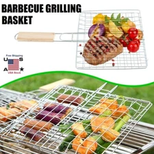 NEW Barbecue Long Handle Grill Basket BBQ Rack Meat Burger Fish Stand Mesh USA