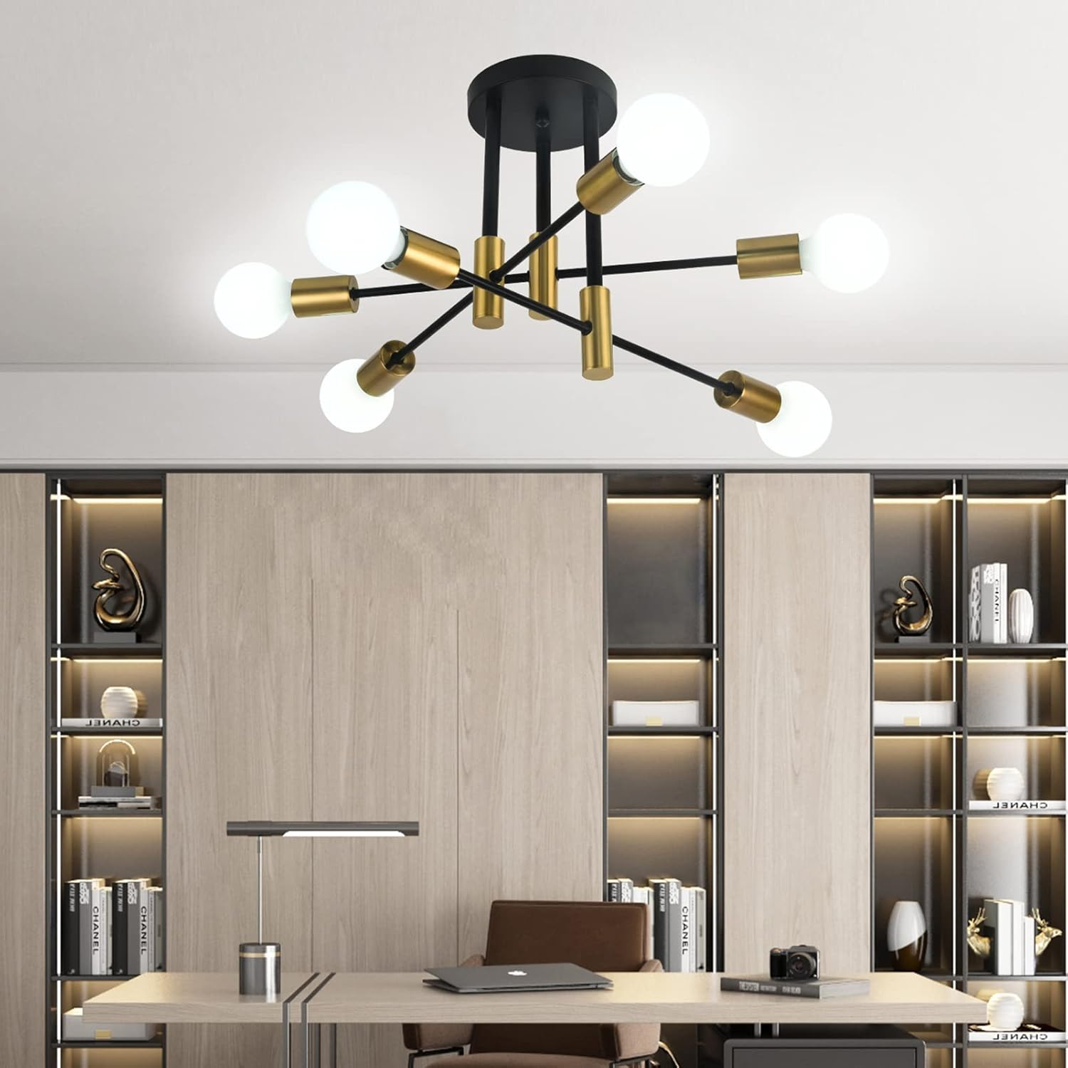 Sputnik Chandelier Mid Century Modern Ceiling Light, 6 Lights Semi Flush Mount P