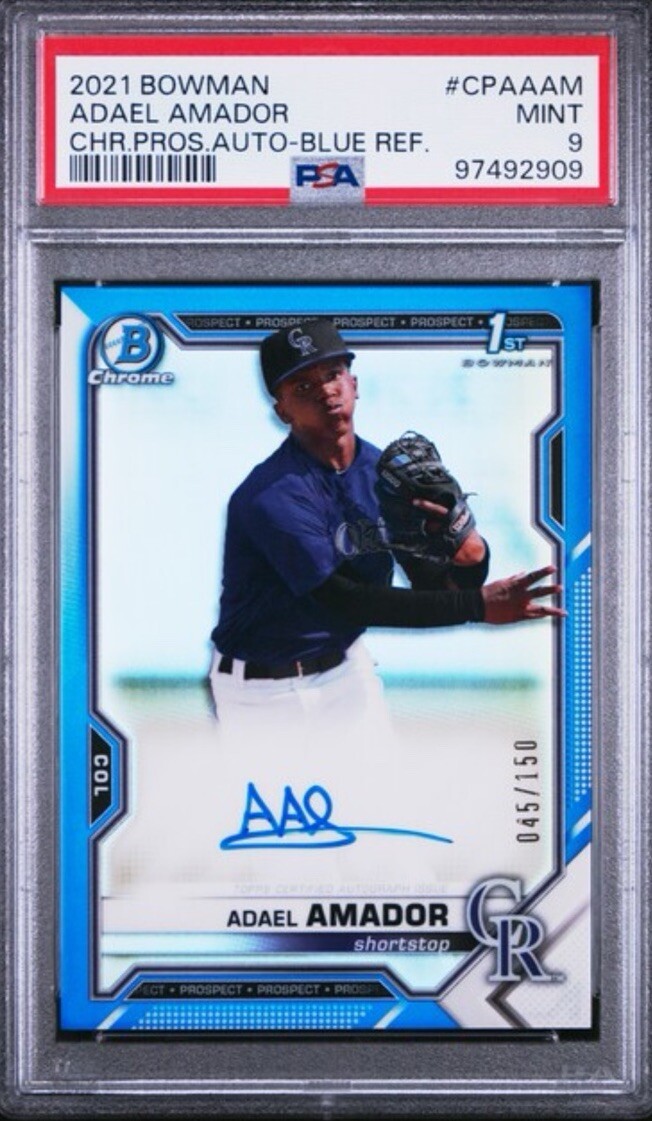 2021 Bowman Chrome Adael Amador 1ST Blue Refractor AUTO /150 PSA 9 Rockies