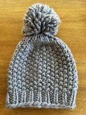 Handmade Chunky Knit Beanie Hat Gray With Pom Pom
