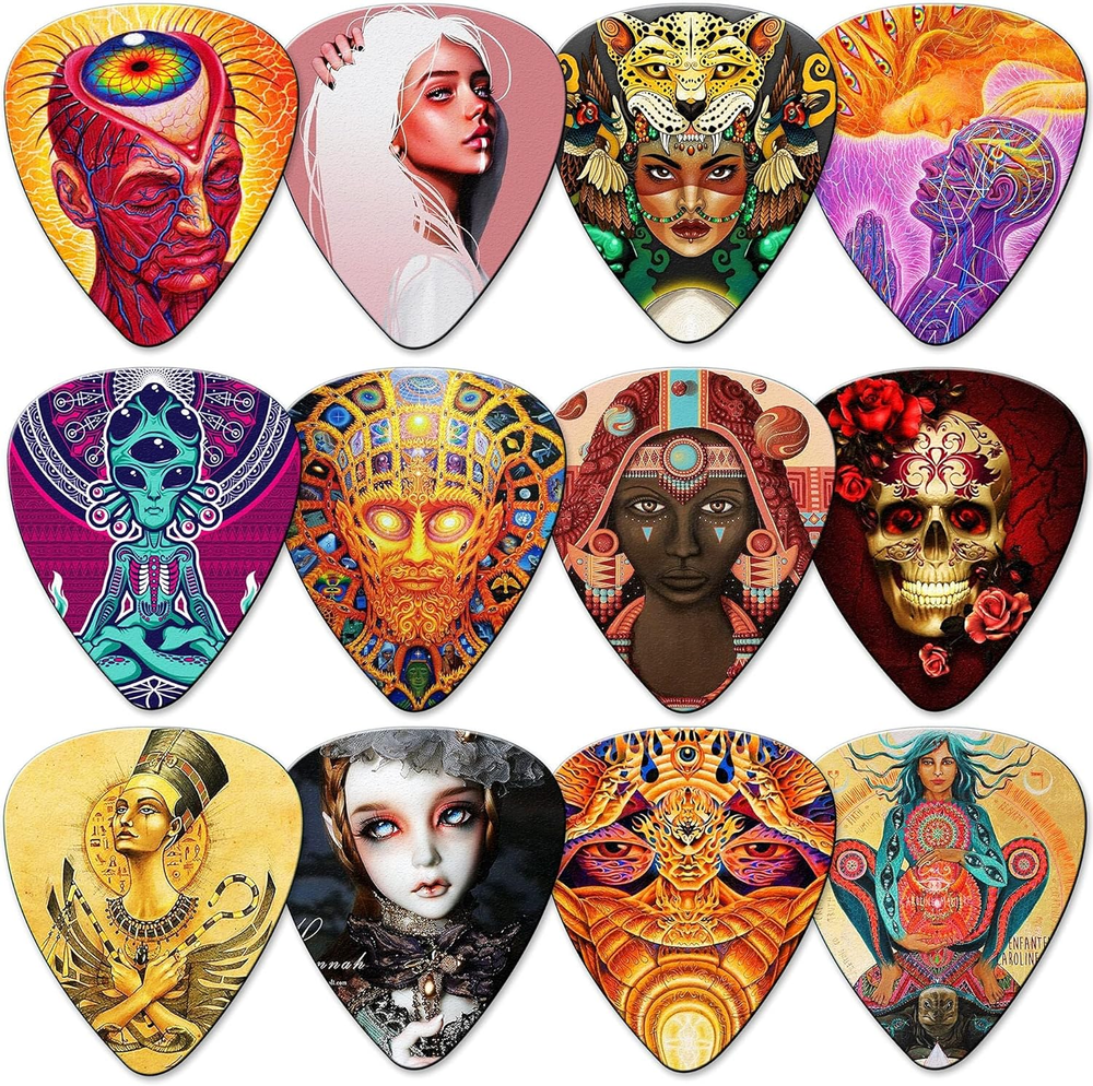 Guitar Picks 24 Medium Pack with Tin Box,Unique Artistic Celluloid Guitar Pick f