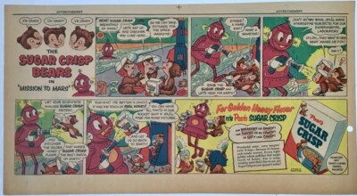 1954 Sunday comic ads for Post - Sugar Crisp Bears visit Mars meet Martian Robot