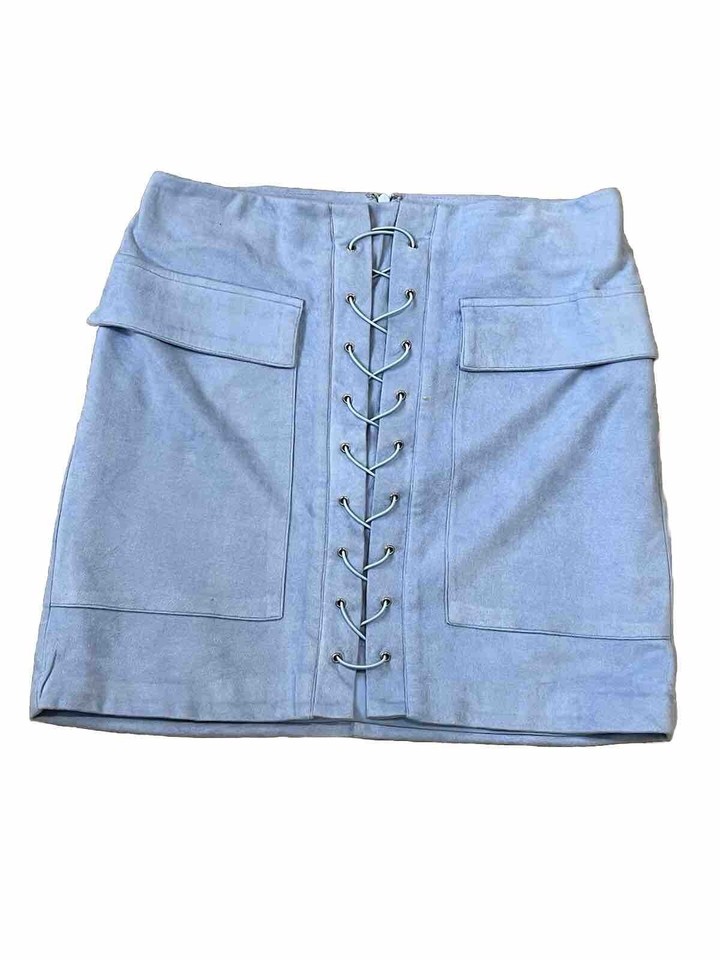 Baby blue size 10 soft velvety mini Skirt Pockets Zip Lace up detail 