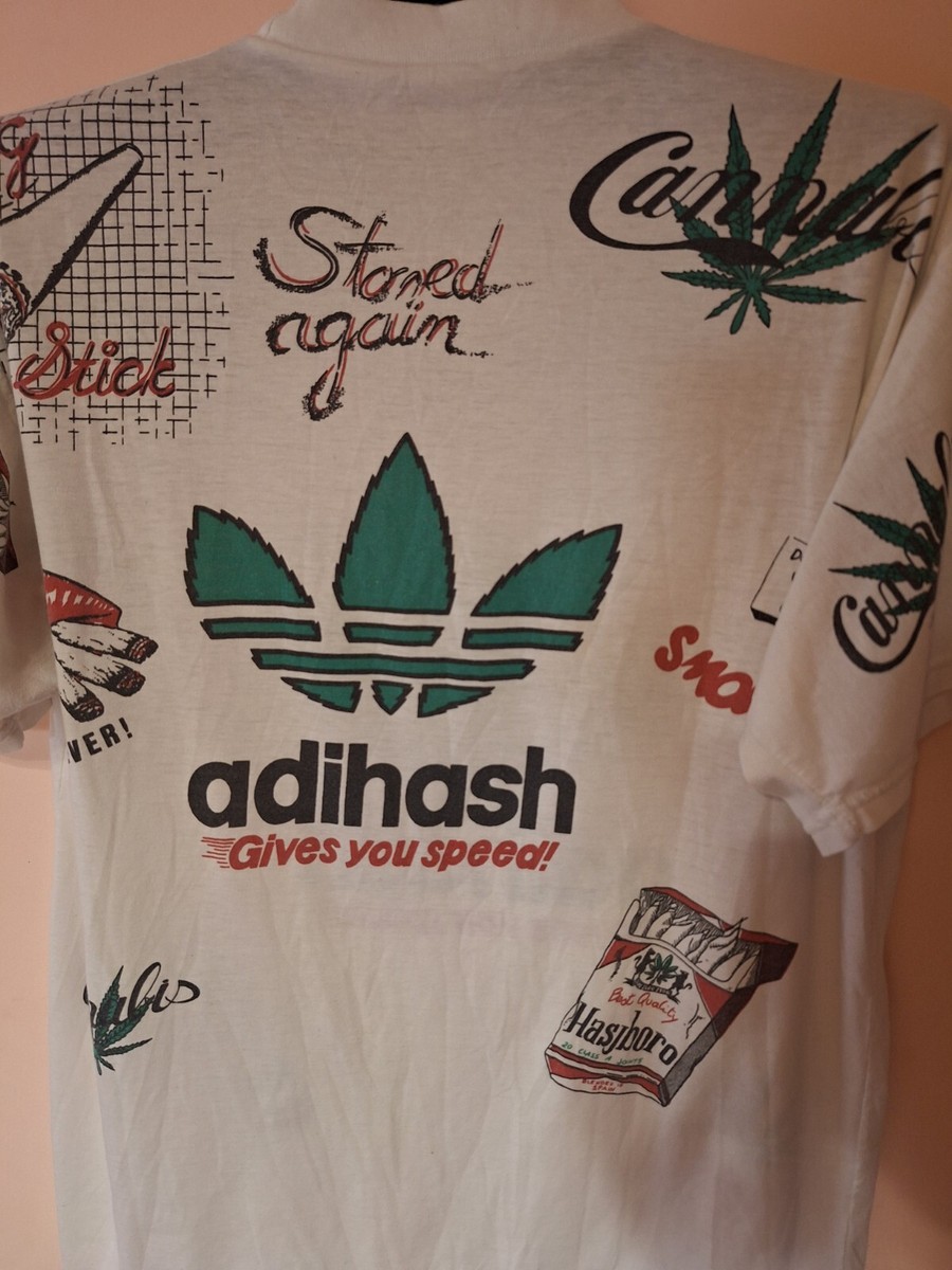 【adidas】Retro graphic T-shirts Vintage Adidas Adihash all over print shirt 420 weed grass