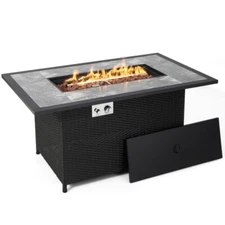 52" Rattan Wicker Outdoor Propane Fire Pit Table Garden W/Rain Cover & Lava Rock