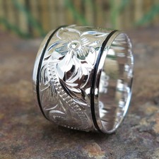 Hawaiian Jewelry Silver Scroll Flower Black Border Wedding Ring Band 15mm SR1196