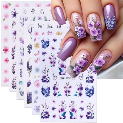 Flower Nail Art Stickers 3D Self-Adhesive Flower Nail Decals 6PCS Purple Pink 