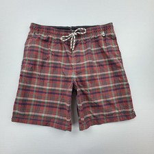 Lands End Swim Trunks Men s L Plaid Drawstring Lined Beach Shorts