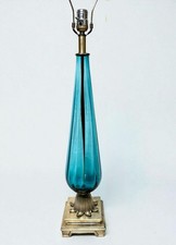 Vintage MCM Empoli 1960s Teal Blue Teardrop Glass Table Lamp Brass Floral Base