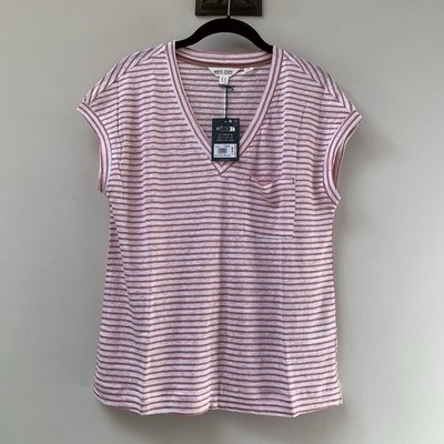 White Stuff 100% Leinen Strick Iris Tee T-Shirt 10 rot gestreift V-Ausschnitt UVP 45£