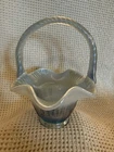 VTG Fenton Misty Blue Iridescent Herringbone Glass Basket W/sticker 7” X 5”