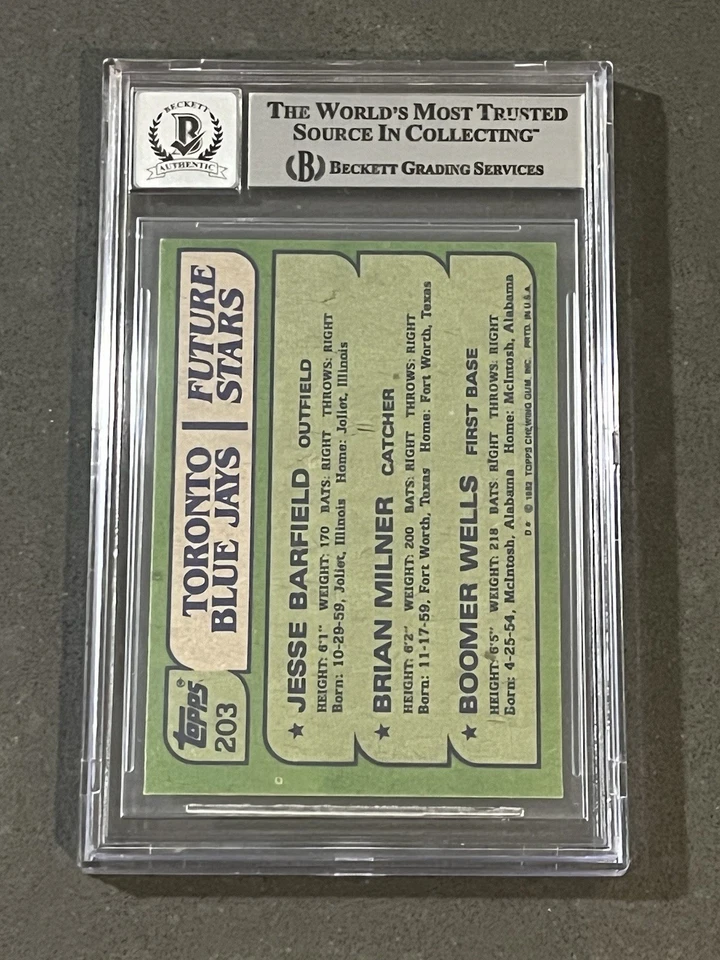 Tarjeta autografiada firmada por el novato Topps de Jesse Barfield 1982 Beckett Bas gema como nueva 10 Foto 2 de 2