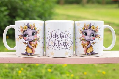 Einschulungstasse   Ich bin 1. Klasse! | Lila Drache mit Schultüte