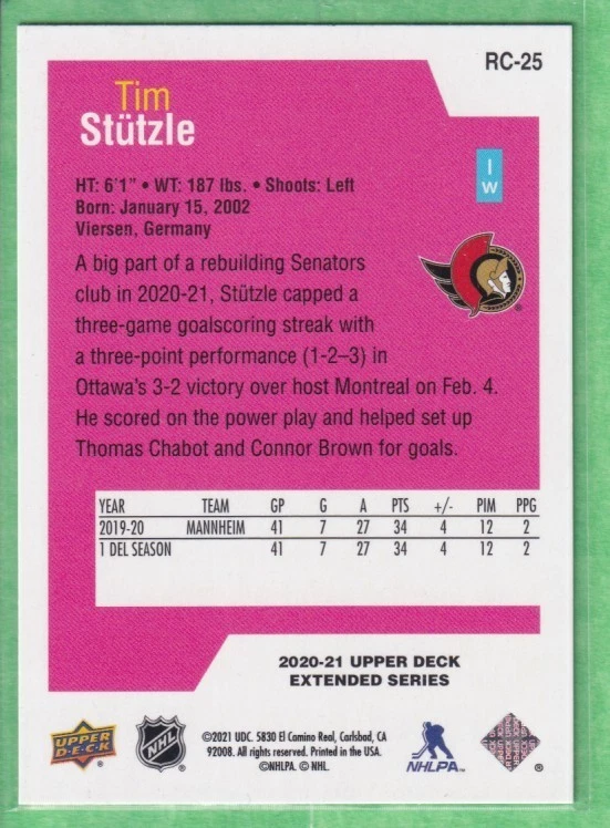 2020-21 Upper Deck Extended Series Rookie Class SE #RC-25 Tim Stutzle Senators - Image 2 of 2