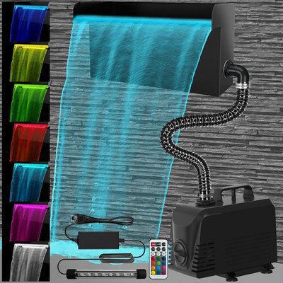All-In-1 Pond Waterfall Kit with LED Lights, 8'' Stainless Steel Spillway with 66