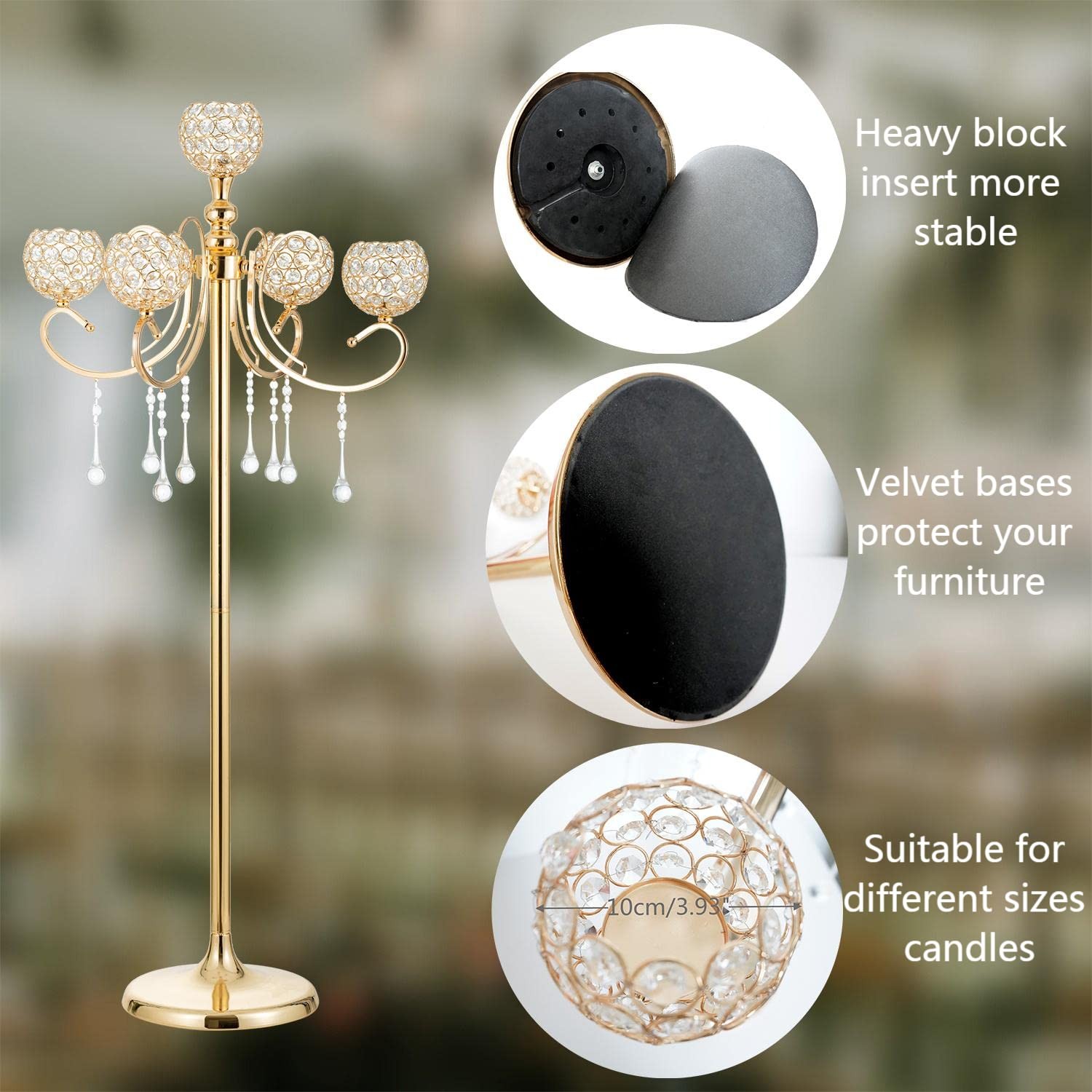 Gold Floor Candelabra for centerpieces, 45.3in Tall 5-Branch Candle Holder wi...