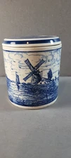 VINTAGE  DUTCH DELFT BLAUW ART CERAMIC BLUE/WHITE JAR COVERED CANISTER 4" Tall