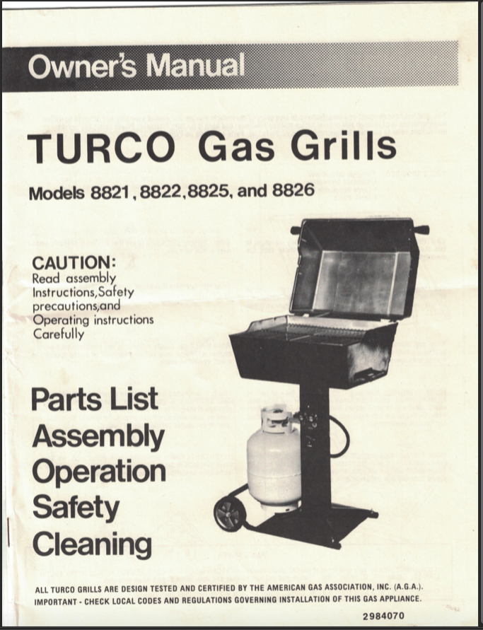 TURCO Barbecue Propane LP Gas Grill 1978 Owners Manual Model 8821 8822