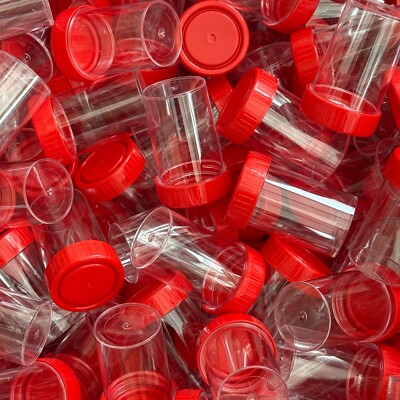 60ml Kunststoffbehälter/Topf/Durchstechflasche. klarer Korpus mit rotem luftdichter Schraubverschluss.