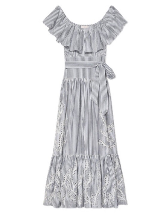 【Tory Burch】Eyelet Embroidered Dress Tory Burch Eyelet Embroidered Seersucker Midi Ruffle Dress