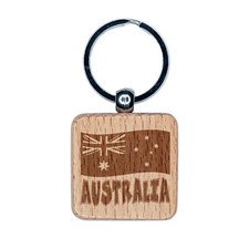 Australia with Waving Flag Cute Engraved Wood Square Keychain Tag Charm
