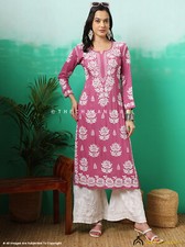 Peach Tanvi Modal Chikankari Straight Kurti Lucknowi Chikan Handmade Long Kurti