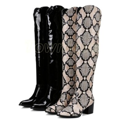 Womens Knee-high Boots Snake Print Mid Heel Cowboy Leather