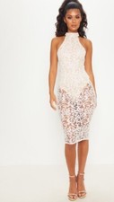 New Pretty Little Thing Size 8 Nude High Neck Glitter Midi Dress BNWT
