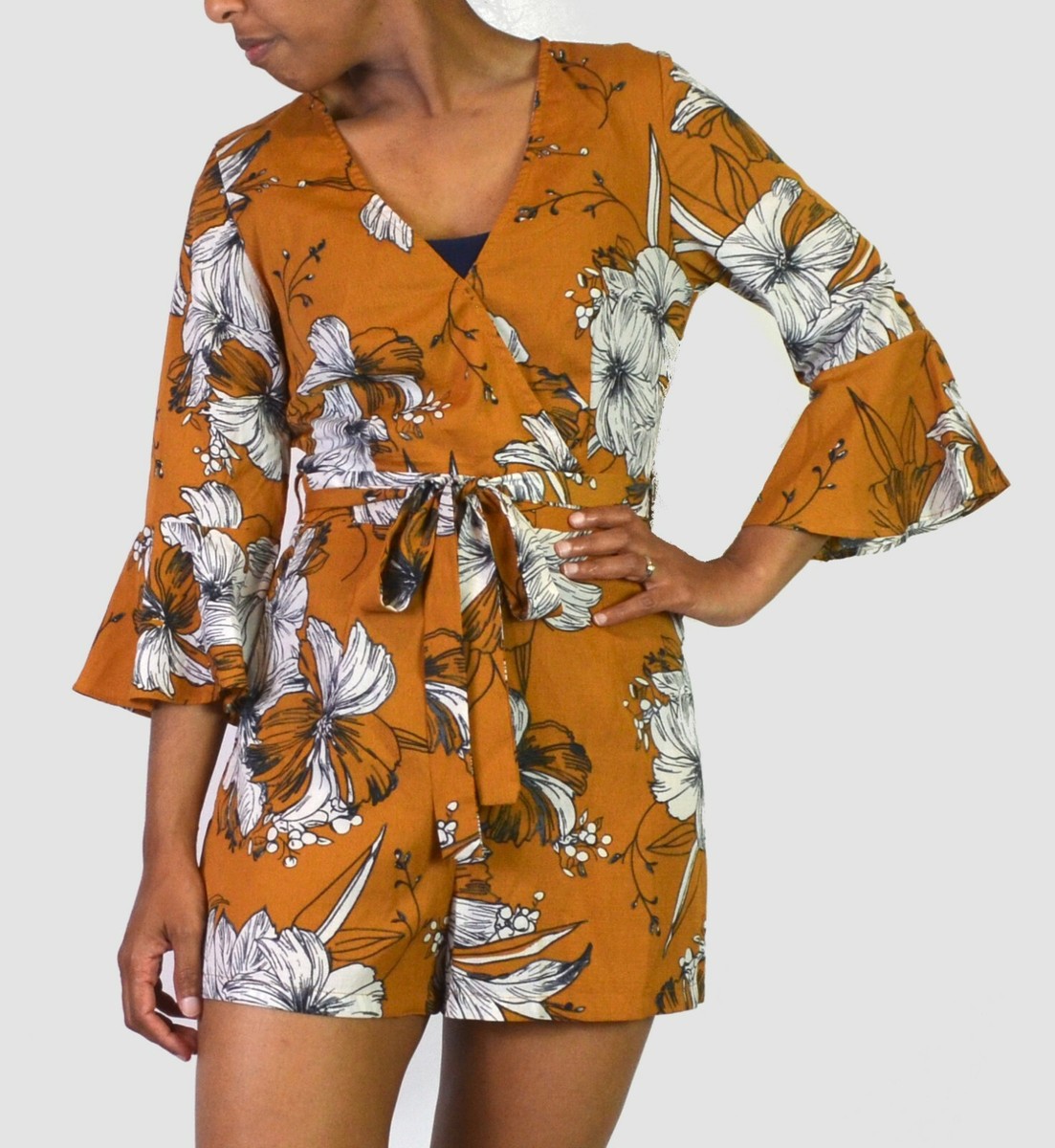 Boohoo Long Sleeve Floral Playsuit Boohoo Mustard Yellow Hibiscus