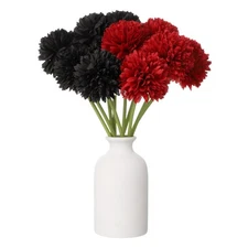 10pcs Artificial Chrysanthemum Ball Flowers Faux Mum Flower Bouquet, Red/Black