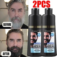 2PCS MOKERU Beard Hair Color Dye Shampoo For Men Mustache Dying Black Darkening
