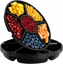 R-Kay 4 Pack, 6 Sectional Black Plastic Serving Trays for Party - Heavy Duty Par