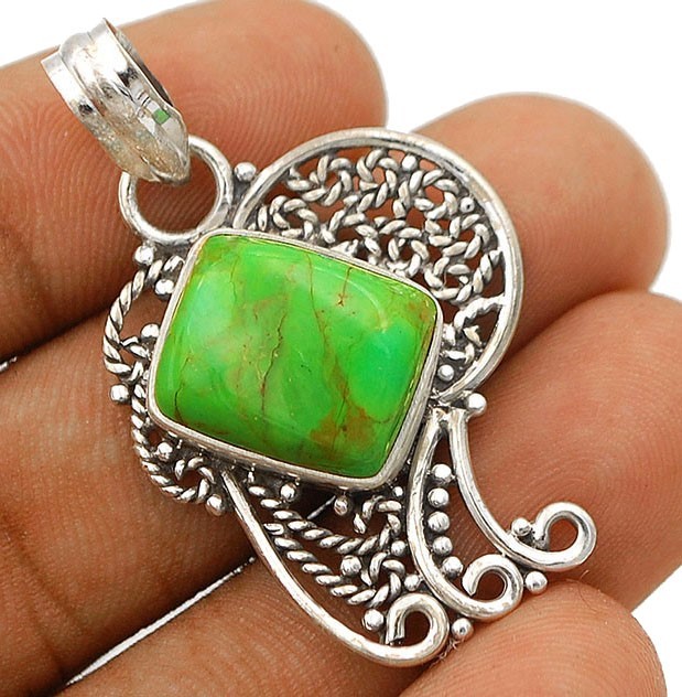 Natural Green Arizona Turquoise 925 Solid Sterling Silver Pendant Jewelry