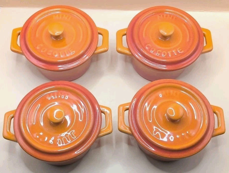 Ceramic Ovenproof Cocottes / Dutch Oven, Mini, Set Of 4 Lidded Orange